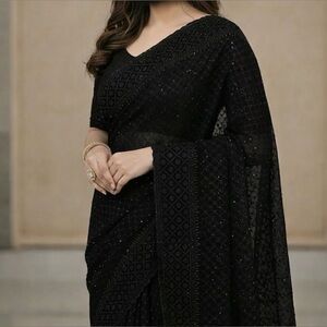 Chic Black Embroidered Saree